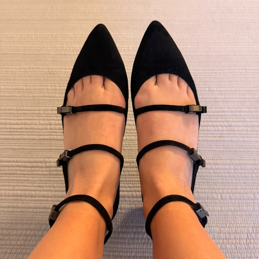 Stuart Weitzman Women's Black Suede Multi Strap Mary Jane Pointed Toe Flats 6.5M